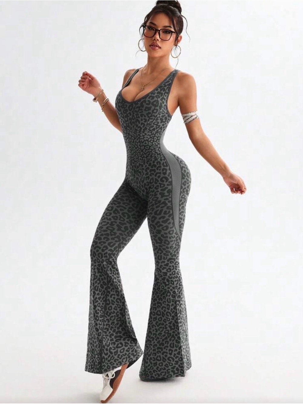 Sleeveless Leopard-Print Flare Jumpsuit in Dark Gray